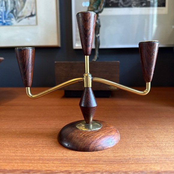 Mcm Mid-century modern vintage teak/rosewood ? brass candle holder - Picture 12 of 12